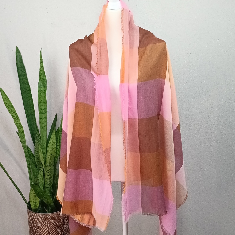 Women's Pink and Brown Plaid Wide Long Town & Country Scarf